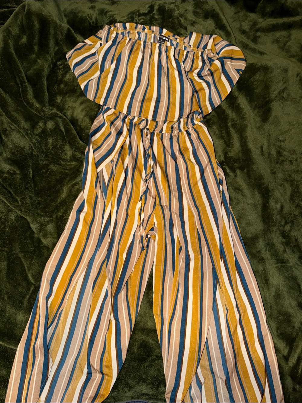 Striped Mustard and Blue Wide-Leg Jumpsuit - Women